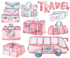 Watercolor hand painted cartoon travel set-bags, cameras, bus, tickets. Lovely set fo pattern, sticker, print, greeting card. Cute illustration on white background.