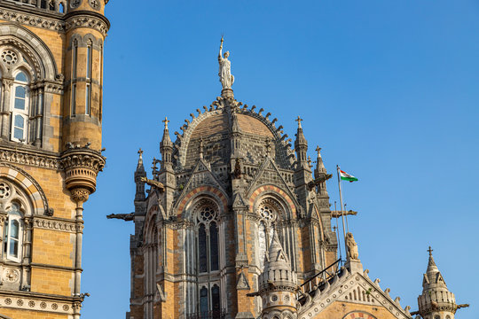 Close- up veiw of Chhatrapati Shivaji Terminus formerly Victoria Terminus in Mumbai, India is a UNESCO World Heritage Site and historic railway station which serves as the headquarters of the Central 