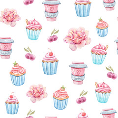 Watercolor seamless pattern with cupcakes, berries, flowers. Cute collection. Perfect for wallpaper, scrapbooking, wrapping paper, wedding decoration