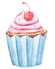 Watercolor set with cupcakes. Cute collection. Perfect for wallpaper, scrapbooking, wrapping paper, wedding decoration