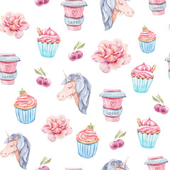 Watercolor seamless pattern with cupcakes, berries, unicorn, flowers. Cute collection. Perfect for wallpaper, scrapbooking, wrapping paper, wedding decoration