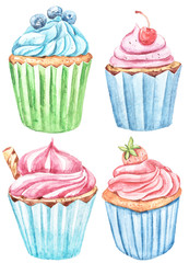 Watercolor set with cupcakes. Cute collection. Perfect for wallpaper, scrapbooking, wrapping paper, wedding decoration