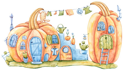 Watercolor cartoon cute fantasy pumpkin house with lovely cat. Lovely illustration on white background. Perfect for baby print, kids room decor, fabric, textile, wrapping paper, scrapbooking