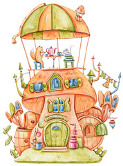 Aquarel cartoon schattig fantasie paddestoel huis met vos en muis. Mooie illustratie op witte achtergrond. Perfect voor babyprint, kinderkamerinrichting, stof, textiel, inpakpapier, scrapbooking