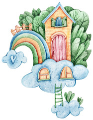 Aquarel cartoon schattig fantasie huis op wolken. Mooie illustratie op witte achtergrond. Perfect voor babyprint, kinderkamerinrichting, patroon, stof, textielontwerp, inpakpapier, scrapbooking