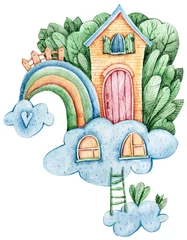 Fotobehang Fantasie huisjes Aquarel cartoon schattig fantasie huis op wolken. Mooie illustratie op witte achtergrond. Perfect voor babyprint, kinderkamerinrichting, patroon, stof, textielontwerp, inpakpapier, scrapbooking