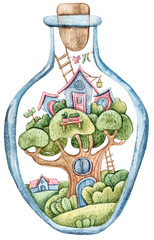 Aquarel cartoon schattige fantasie boomhut in een fles. Mooie illustratie op witte achtergrond. Perfect voor babyprint, kinderkamerinrichting, patroon, stof, textielontwerp, inpakpapier, scrapbooking