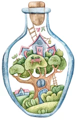 Fotobehang Fantasie huisjes Aquarel cartoon schattige fantasie boomhut in een fles. Mooie illustratie op witte achtergrond. Perfect voor babyprint, kinderkamerinrichting, patroon, stof, textielontwerp, inpakpapier, scrapbooking