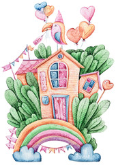 Aquarel cartoon schattig fantasie huis. Mooie illustratie op witte achtergrond. Perfect voor babyprint, kinderkamerinrichting, patroon, stof, textielontwerp, inpakpapier, scrapbooking