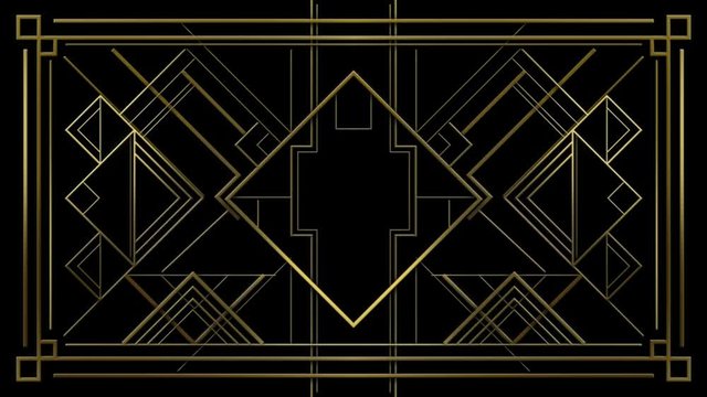 Gatsby Art deco 20's style animated pattern. Gold modern early 20th century ornament builds up and appears on black background. Geometric elegant abstract with glamorous shiny lines with flare