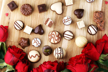 Chocolates Pralines and Roses Perfect Combination for the Woman You Love. Valentines Day