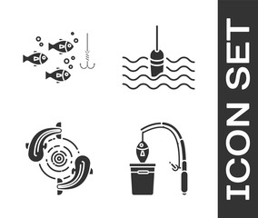 Set Fishing rod and fish, Fishing hook under water with fish, Fish and Fishing float in water icon. Vector © Oksana