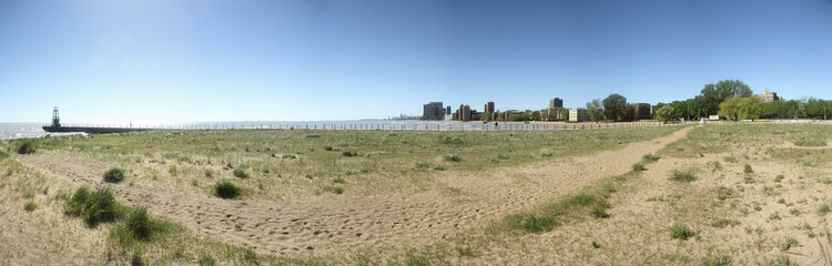Panoramic view of Loyola Beach in Chicago, Illinois. City Skyline in the background.