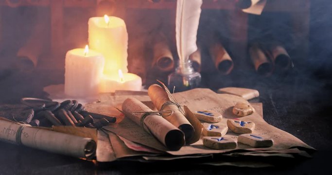 Magic library full of medieval and old scrolls