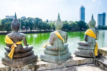 Fototapeta na wymiar Colombo/Srilanka December 27th 2019: Back of Buddha statues in Gangaramaya lake temple in Colombo Srilanka.