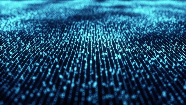 Digital wavy landscape with binary code moving, glowing neon style, binary data background, blue color, seamless loop animation with depth of field