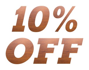 10 Percent OFF with brown wooden texture on white background.