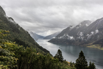 Cold colors Norway fjord panorama cloudy landscape 