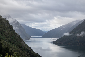 Cold colors Norway fjord panorama cloudy landscape 