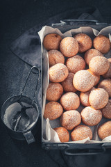Fresh and sweet donut balls freshly baked