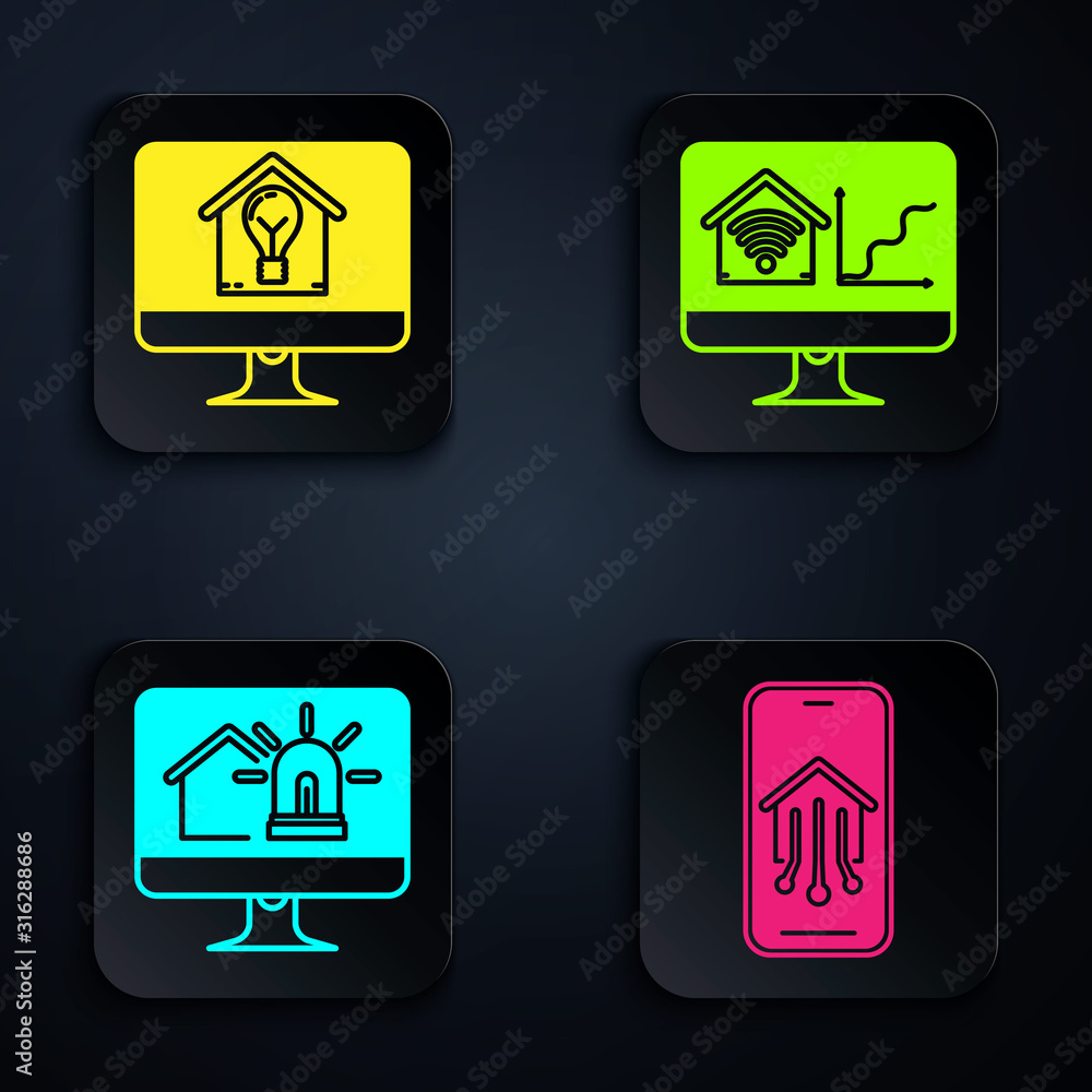 Poster set mobile phone with smart home, computer monitor with smart house and light bulb, alarm and comput