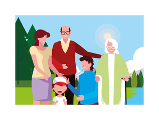 big family walking in the park together