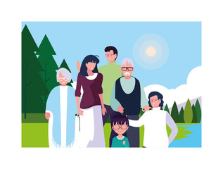 big family walking in the park together