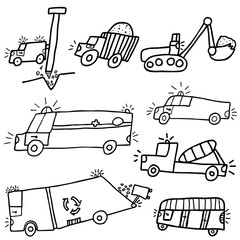 set of transport equipment drawn by hand. Doodle style.