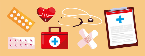 set of medical emergency first aid care icons