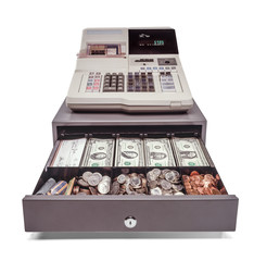  cash register with open drawer showing coins and currency - obrazy, fototapety, plakaty