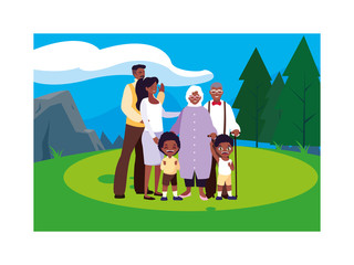 big family walking in the park together