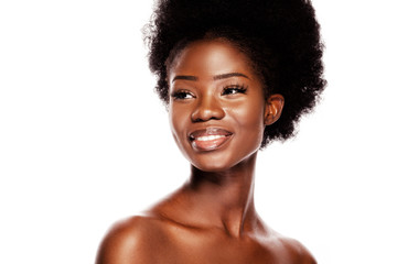 Young African Woman with Happy Smile on White Background