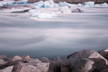 Jokulsarlon glacier lagoon in Iceland. Long exposure shot makes the water and the sky silky. Long exposure, glacier, moody concepts