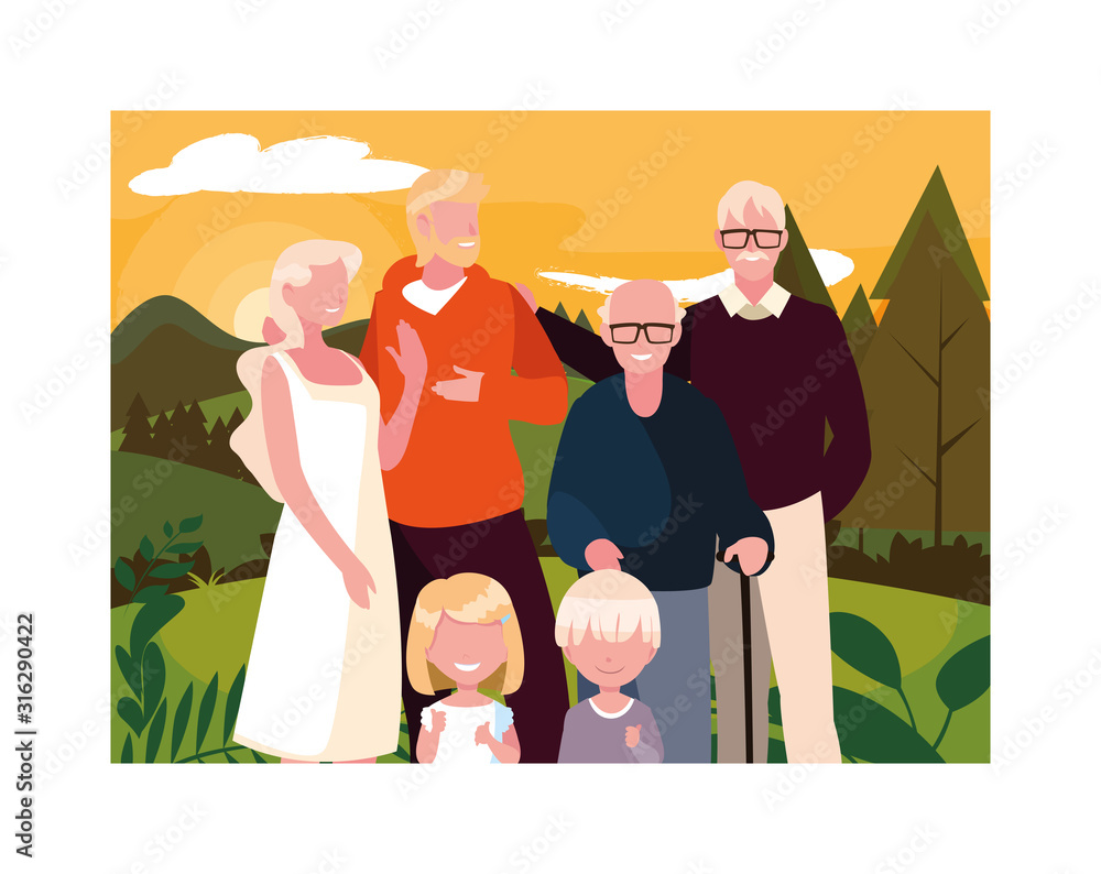 Wall mural big family walking in the park together