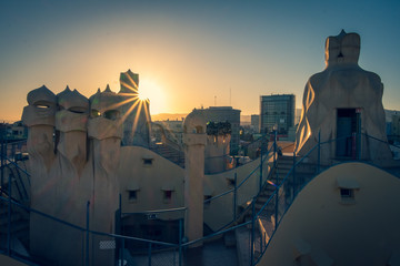Sculptures on a rooftop in Barcelona Spain