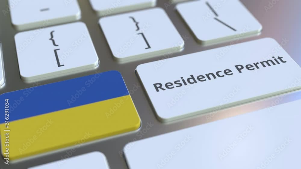Poster residence permit text and flag of ukraine on the buttons on the computer keyboard. immigration relat