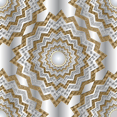 Zigzag 3d greek vector mandalas seamless pattern. Jewelry ornamental white background. Greek key meanders zig zag ornament. Geometric design with gemstones, shapes, zigzag lines. Surface texture