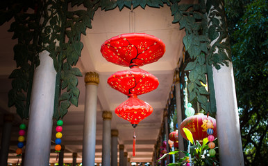 Buddhist pagoda. Chinese style decorative decoration. The decoration is suspended from the ceiling. Vietnam.
