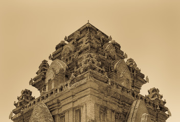 Antique look of Cham temple tower, Vietnam. Hinduism laid the foundations of the culture and architecture of the kingdom of Cham, which existed in the 9th and 10th centuries AD.