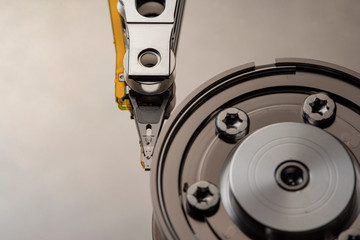 Closeup of an open computer hard drive.