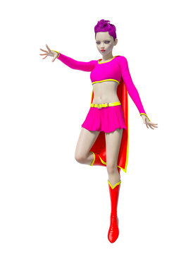 super girl floating and looking down in white background