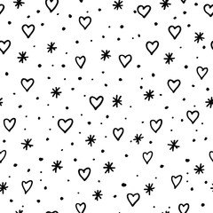 Valentine's day seamless pattern with hearts and snowflakes. Delicate pink background for cards, prints, greetings. Hand drawing doodle vector. Stock illustration.
