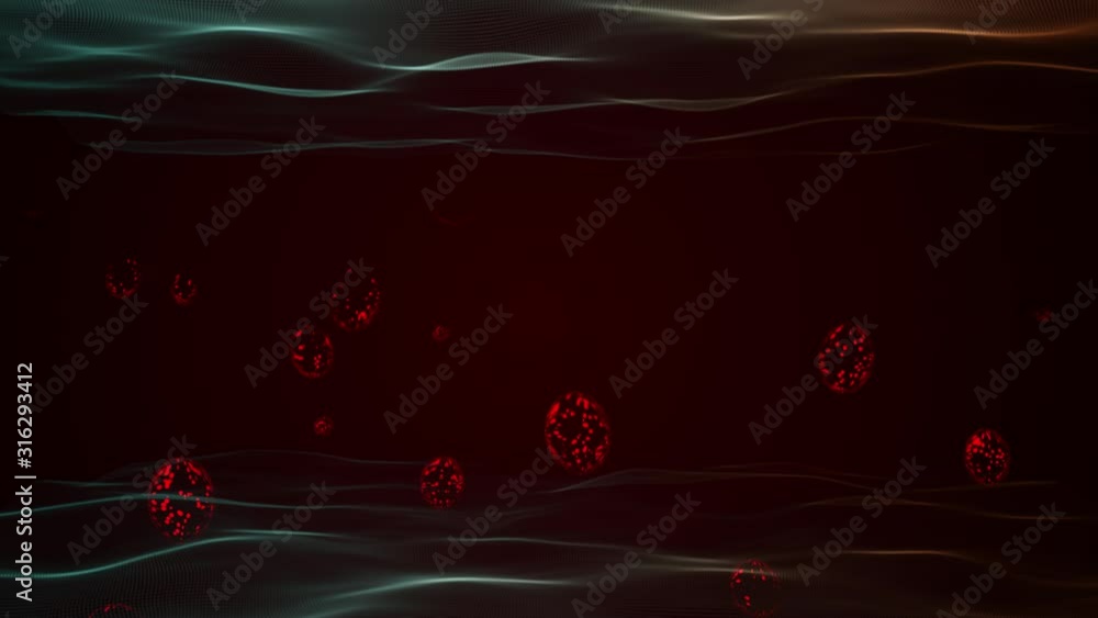 Poster abstract waves of tiny dot particles on dark background on the top and bottom of the screen and red 