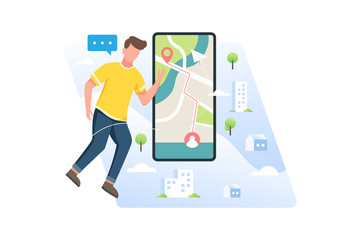 Young men looking for location of place or friend position with mobile application