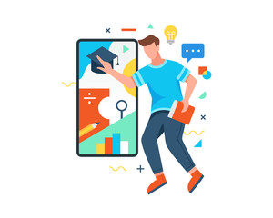 Student holding book touching graduation hat on smartphone screen