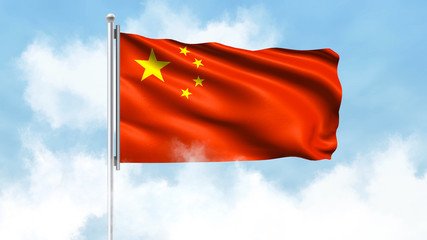 Naklejka premium China Flag Waving with Clouds Sky Background