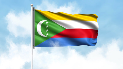 Comoros Flag Waving with Clouds Sky Background