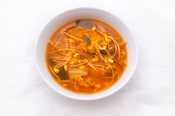Kimchee and bean sprout soup which is called kimchee kongnamul guk in Korean