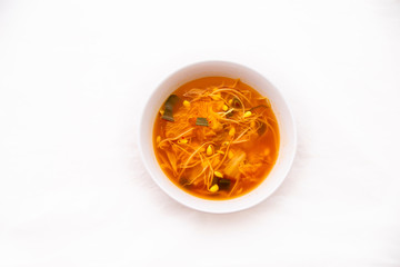 Kimchee and bean sprout soup which is called kimchee kongnamul guk in Korean