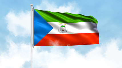 Equatorial Guinea Flag Waving with Clouds Sky Background